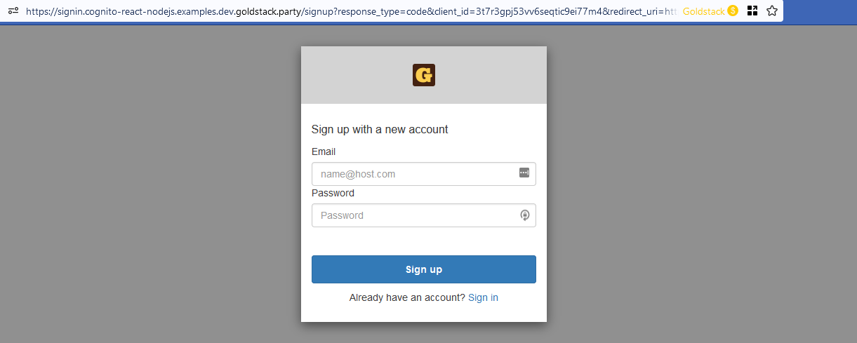 Screenshot showing a sign up form with an email and password field