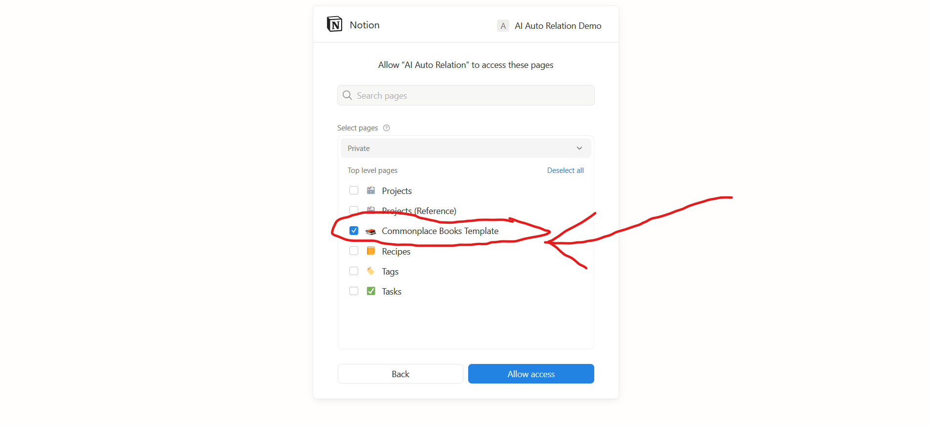 Notion dialog for giving integration access to pages