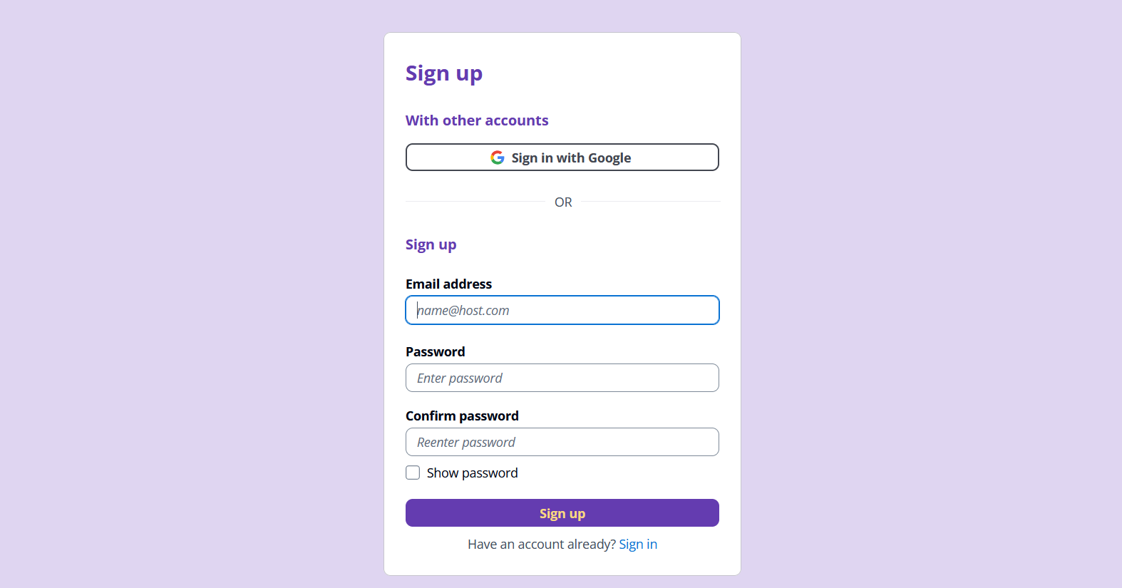 Screenshot of Sign Up Form