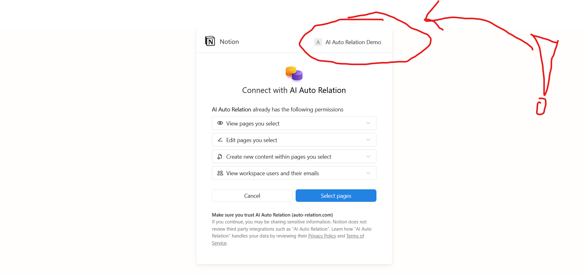 Notion Integration Authorisation Dialog