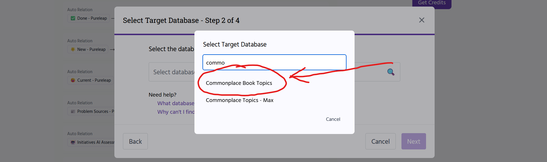 Selecting target database dialog