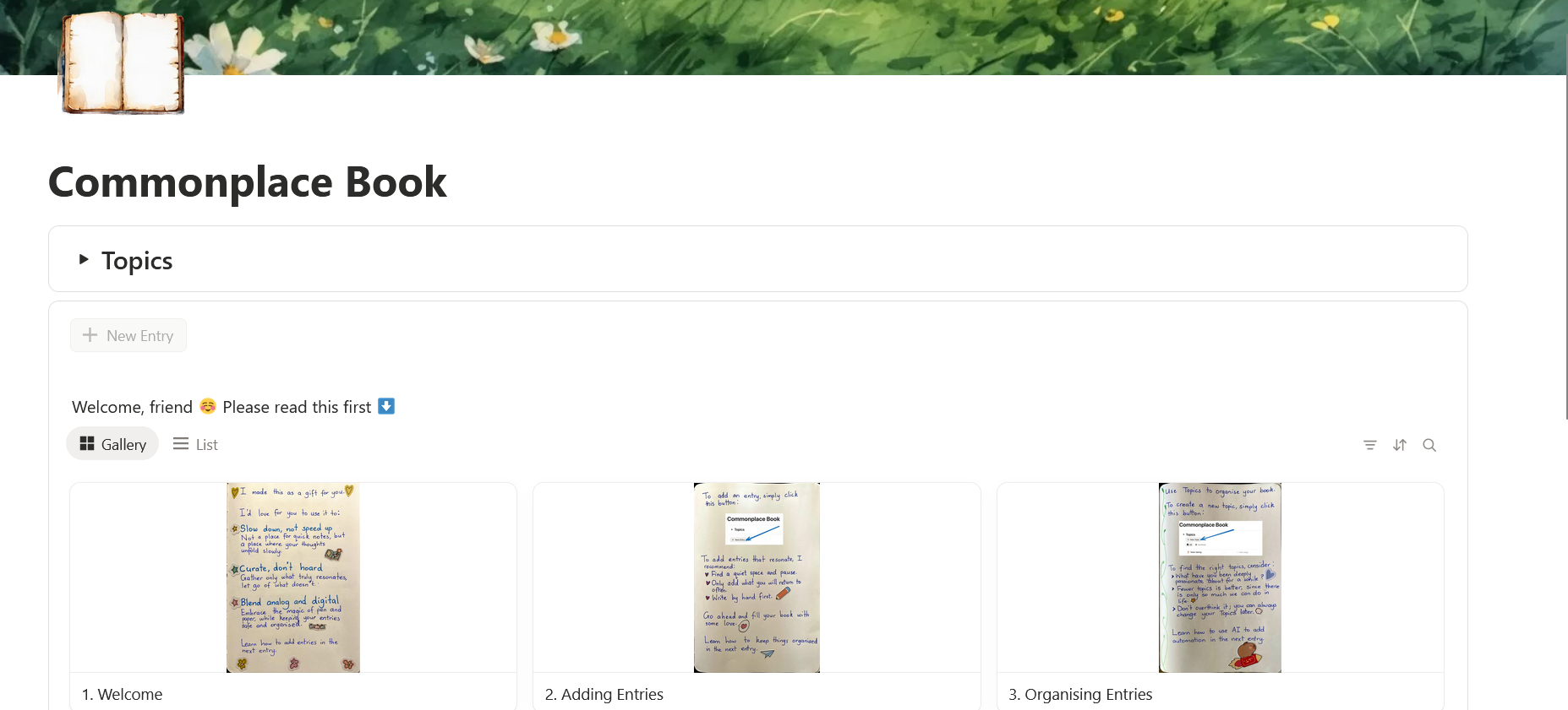 Screenshot of Commonplace Book notion template