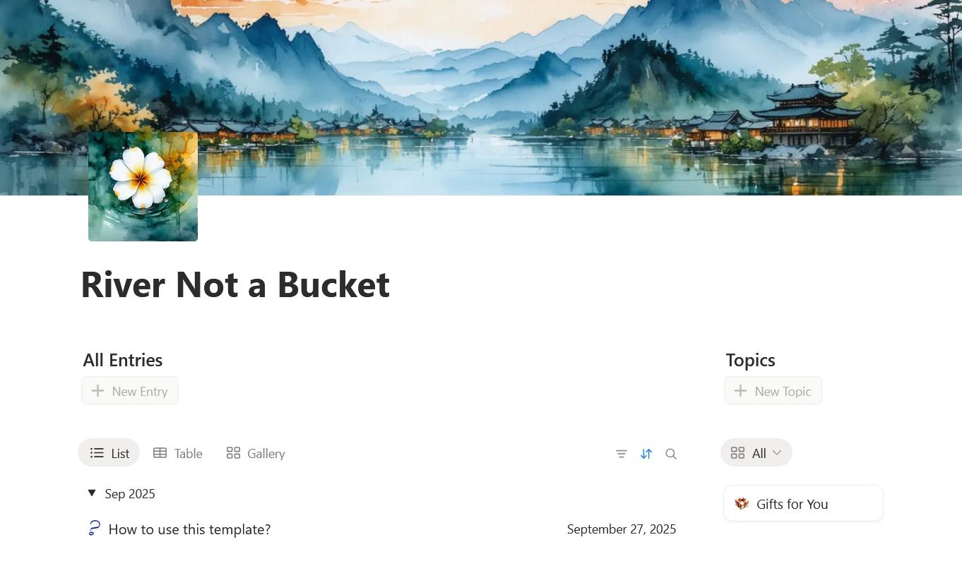 Screenshot of River not a Bucket Notion template