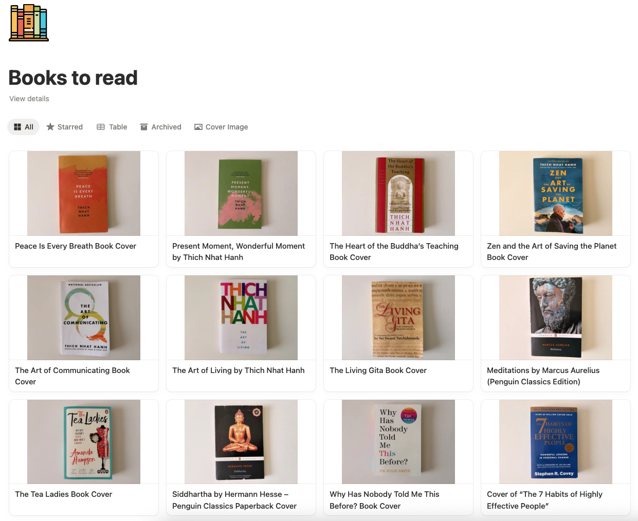 Notion gallery with book covers and automatically generated titles