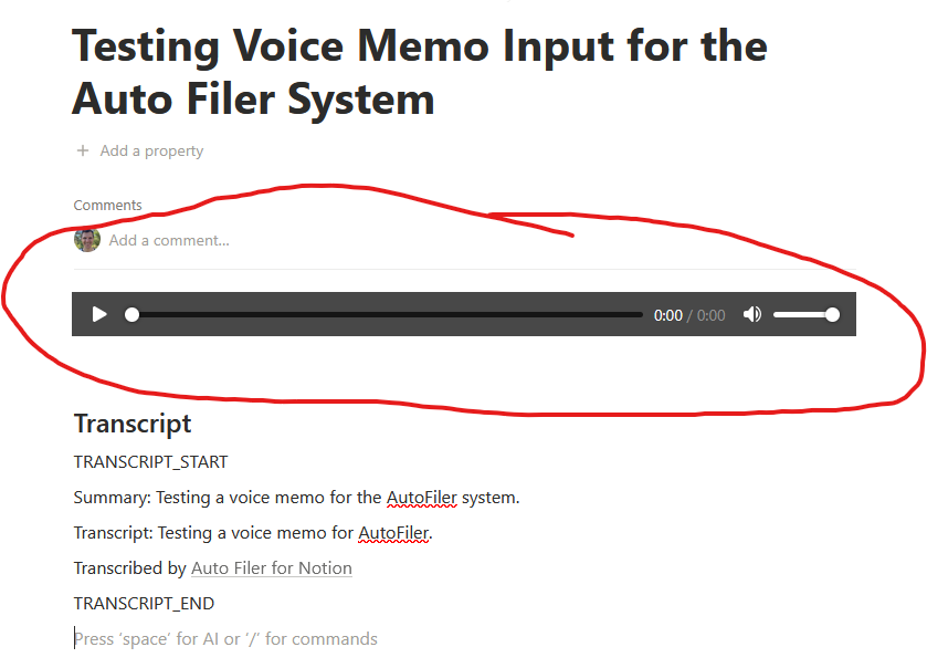 Notion page with audio block