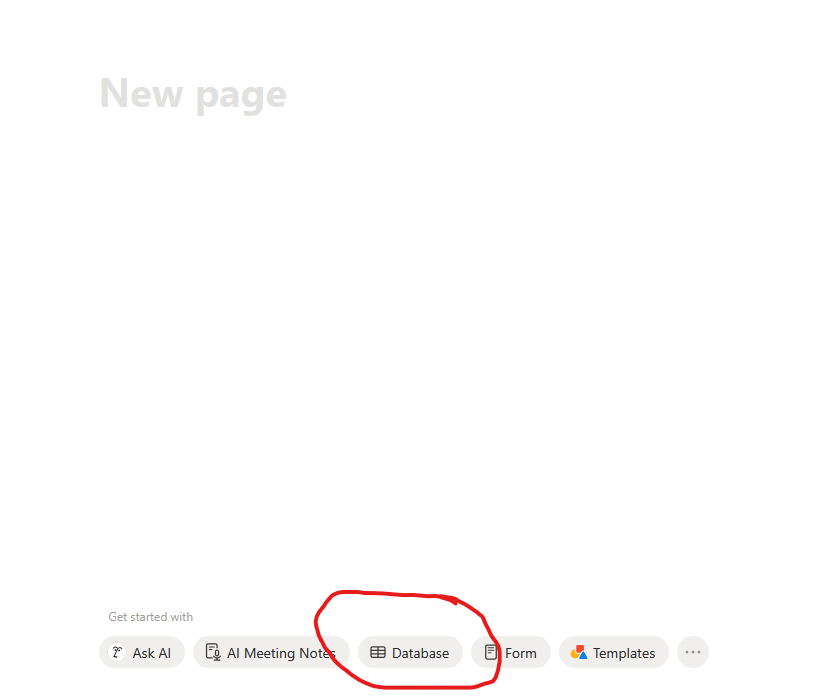 New page in Notion with various buttons