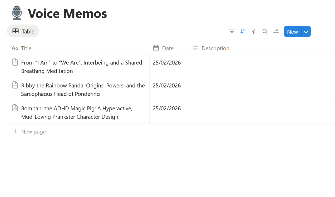 Notion database with Title and Date column and some voice memos