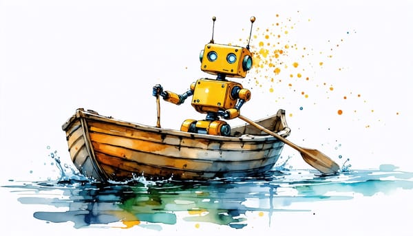 Robot lazily paddling on a river